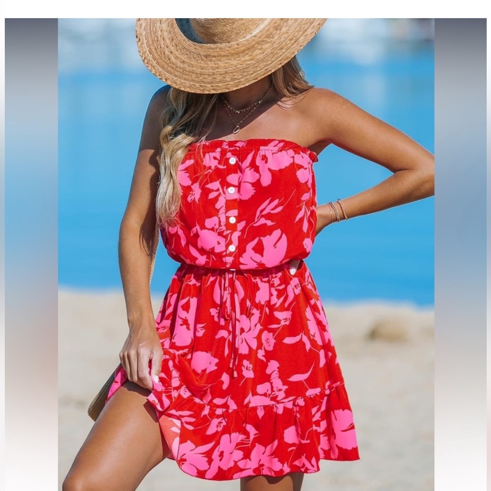 Cupshe Red and Pink Strapless Floral Swim Coverup Dress
